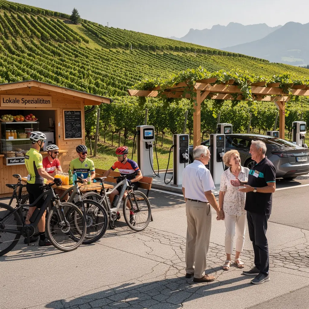 Elektroauto, das an einer Schnellladestation während einer Reise aufgeladen wird