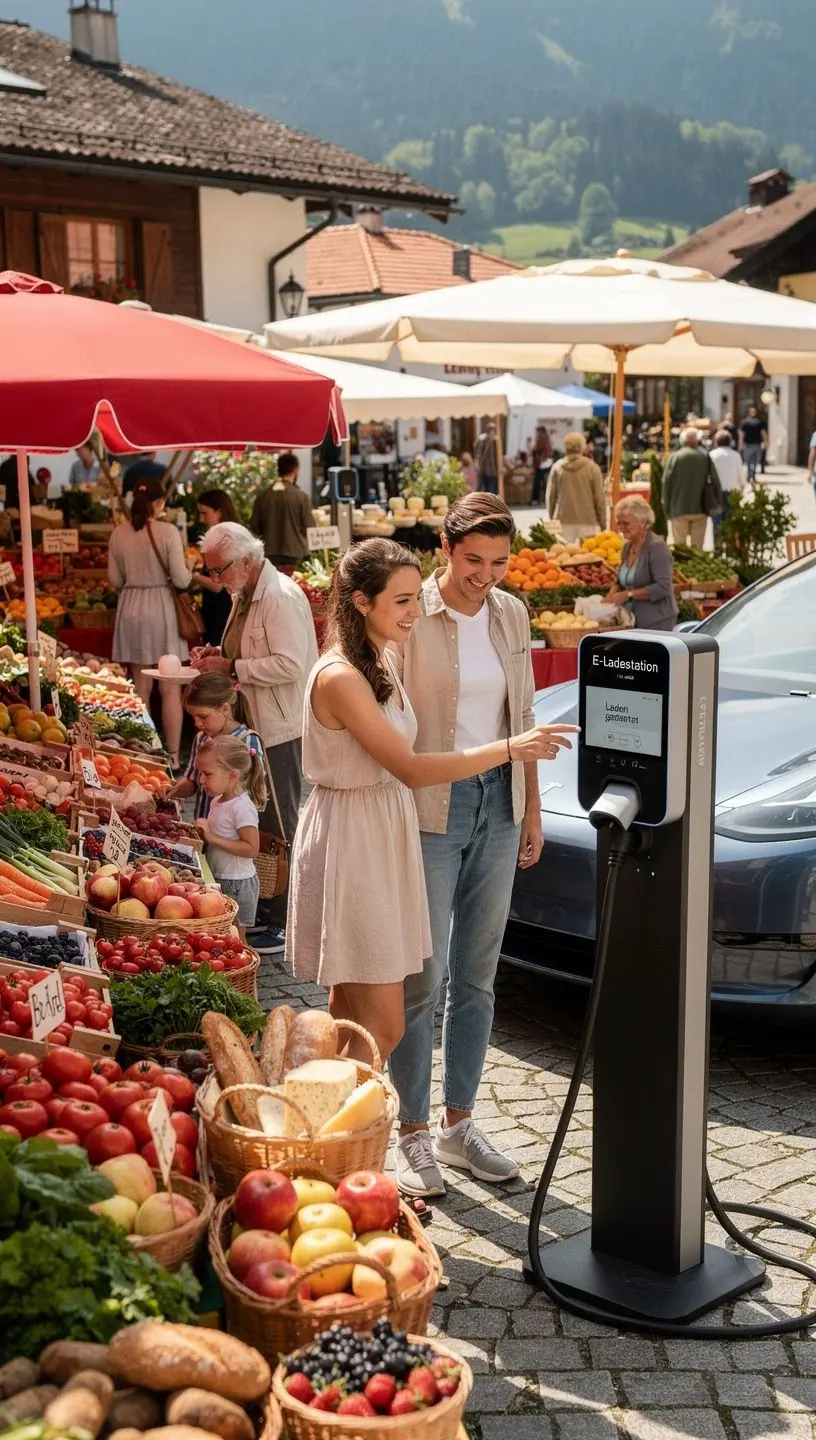 Elektroauto beim Laden an einer modernen Autobahntankstelle