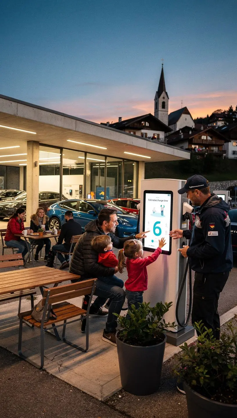 Moderne Ladestation mit mehreren Ladepunkten für Langstreckenreisen