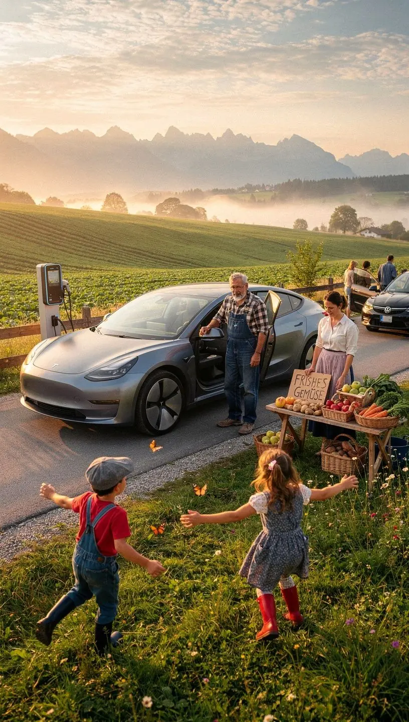 Fahrer, der sein Elektroauto an einer Schnellladestation auflГ¤dt, wГ¤hrend er eine Pause macht.
