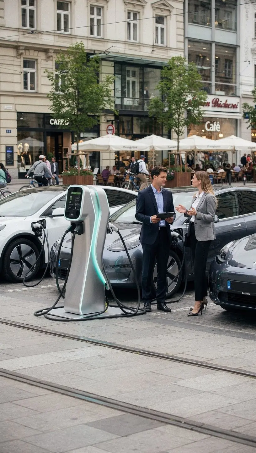 Moderne Elektroautos auf einem Parkplatz an einer Autobahntankstelle fГјr Langstreckenreisen.