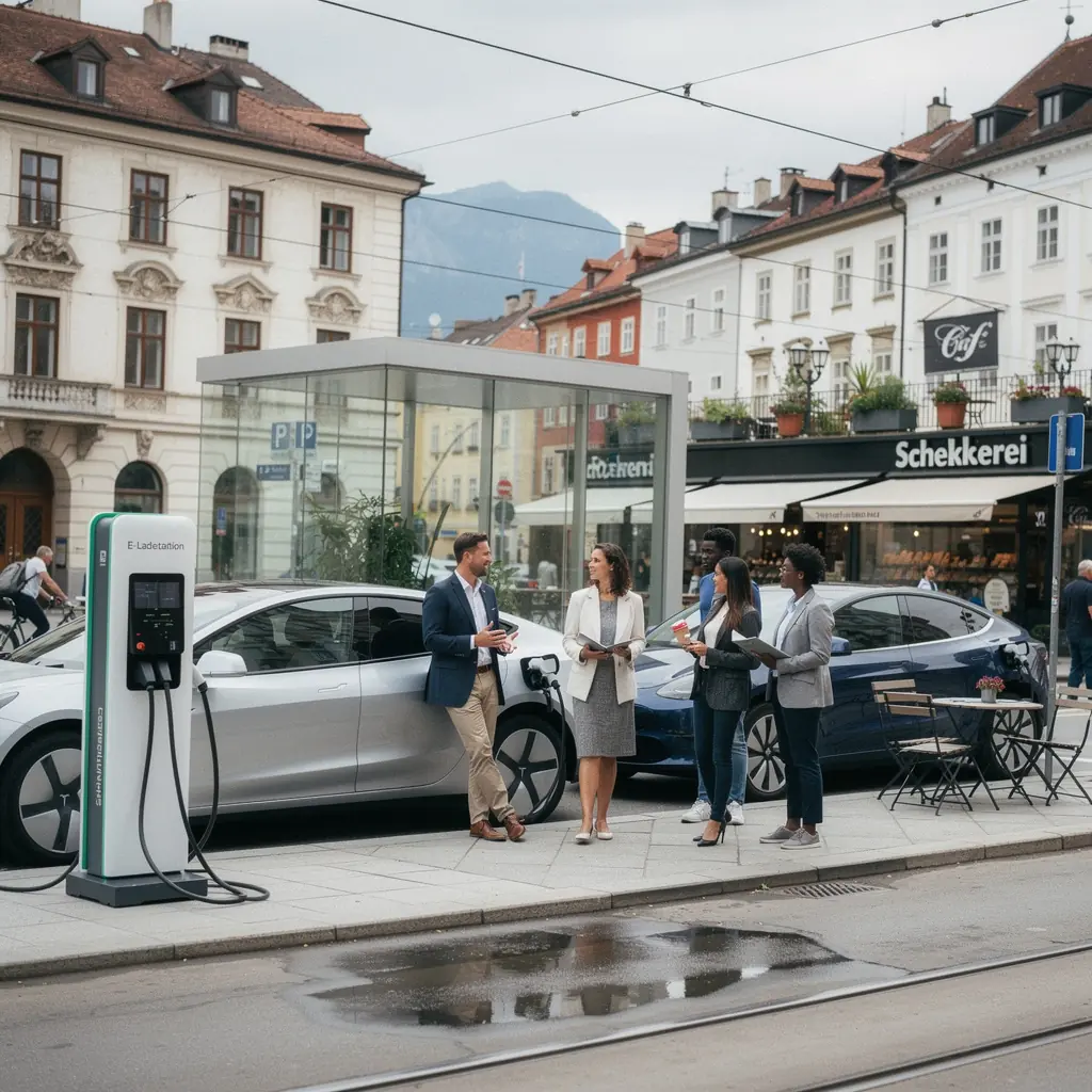 Glückliche Reisende, die ihr Elektroauto während einer Pause aufladen