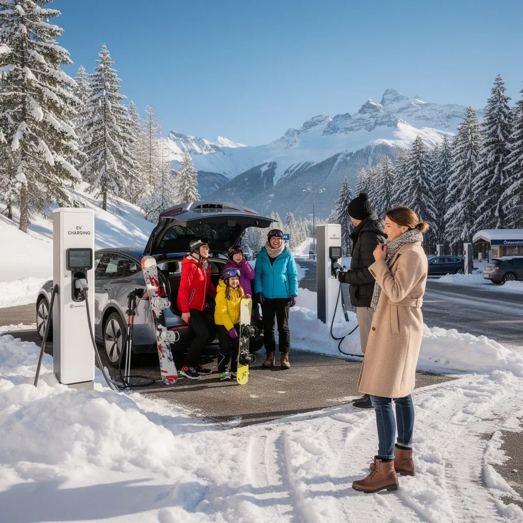 Energieeffiziente Elektrofahrzeuge, die in einer Warteschlange an einer Schnellladestation stehen