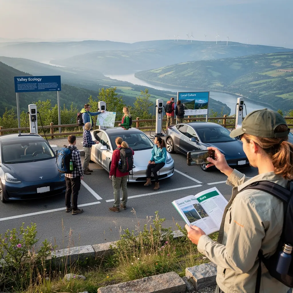 Ladestation fГјr Elektrofahrzeuge an einer Autobahn mit mehreren LadeanschlГјssen.