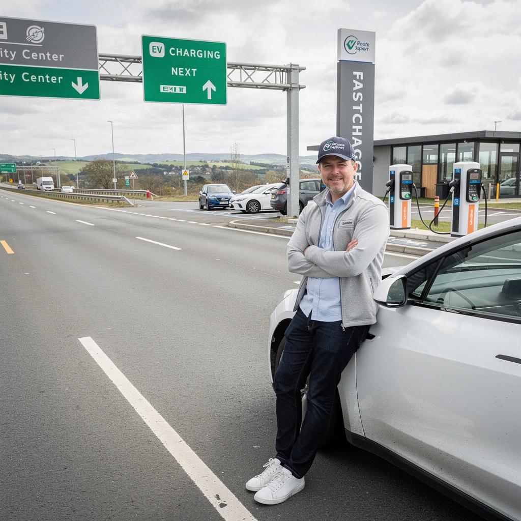 Landschaftsaufnahme der österreichischen Autobahn mit Ladestationen